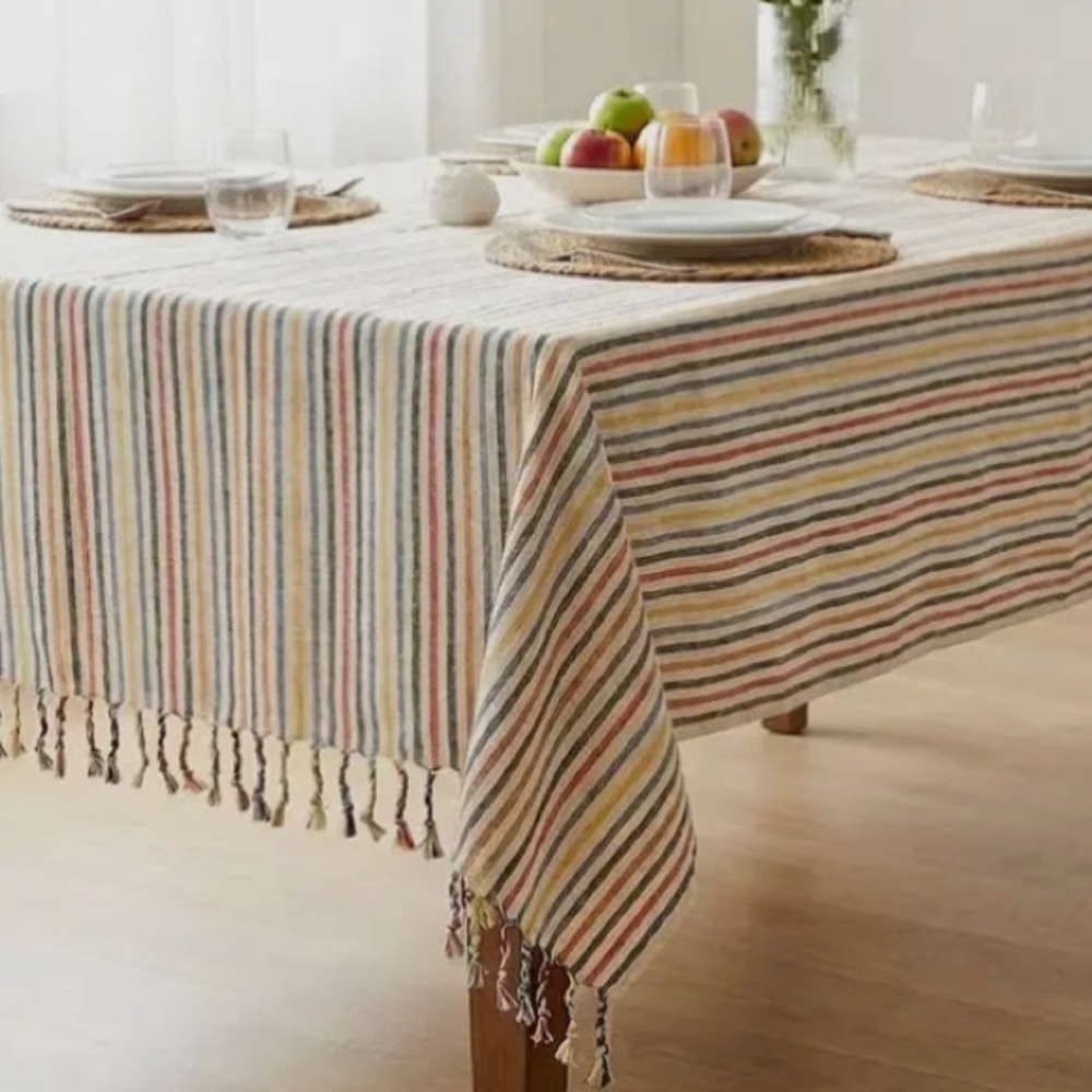 Striped Multicolor Tablecloth Hand Tied Tassels Hand Loom Weave Linen NEW
